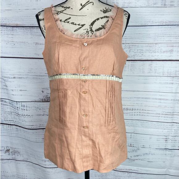 Nikki Valenti Top Women 6 Sleeveless Ruffle Scoop Neck Button Pleat Irish Linen - Picture 1 of 12